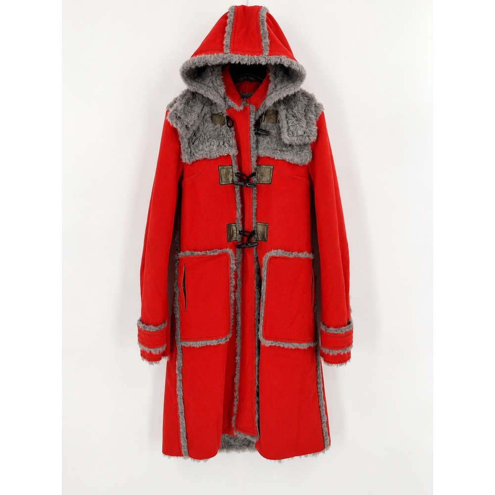 Tracy Reese Hooded Duffle Coat Womens 4 Tomato Red Faux Fur Trim Toggle Mod NWT